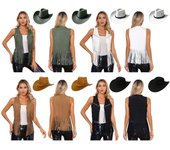 Disfraz de vaquera occidental para mujer, chaleco de gamuza sintética con flecos, sombrero de vaquero, estilo retro hippie, para fiesta de cosplay S marrón
