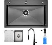 Fregadero de cocina de acero inoxidable 70×45cm, grifo de resorte, dispensador de jabón