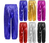 Pantalones metálicos brillantes para niños y niñas, disfraz de animadora, baile de jazz, actuación en el escenario, para fiesta de cumpleaños, espectáculo escolar 9-10 Years negro