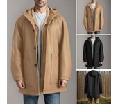 Abrigo para hombre, chaqueta con capucha, manga larga, raglán, color liso, con bolsillos, botonadura sencilla, largo medio, de lana S negro