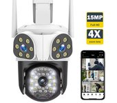 Nueva cámara WiFi para exteriores EU 8K 15MP con seguimiento de movimiento, tres pantallas de lentes, zoom 4X, cámara de video PTZ, protección de seguridad, cámara de vigilancia CCTV 15MP Camera No Card