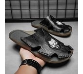 Zapatillas planas de verano para hombre, sandalias deslizantes extra anchas, sandalias de cuero suaves informales con punta abierta para la playa al aire libre EU:38 negro