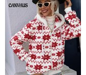 Chaqueta de otoño e invierno para mujer, cárdigan holgado con capucha y cremallera, chaqueta de forro polar, chaqueta de viento navideña estampada S