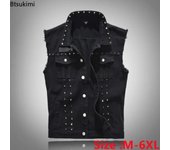 Chaleco vaquero de talla grande 5XL 6XL para hombre, chaleco vaquero negro con remaches Punk Rock, chaleco vaquero a la moda para hombre, chaqueta vaquera sin mangas para motocicleta 6XL negro