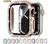 Funda de diamante + cristal para Apple Watch SE Series 9 8 7 6 4 3 5 2, funda brillante para iwatch de 41 mm, 45 mm, 38 mm, 42 mm, 40 mm y 44 mm, accesorios para relojes de mujer 38mm oro