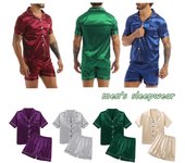 Conjunto de pijama de satén sedoso para hombre, camisa con botones y pantalones cortos, ropa de dormir, 2 uds. XL verde