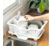 Escurreplatos de gran capacidad, diseño de 2 capas, multifuncional, para encimera de cocina, soporte para cubiertos y utensilios con escurridor. blanco