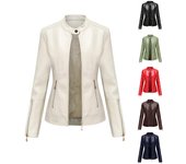 Nueva chaqueta de cuero de moda para mujer, abrigo corto de cuero PU, chaqueta de cuello alto, chaqueta de cuero fina de primavera y otoño, chaqueta de cuero azul marino S