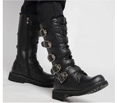 Botas de moto de cuero para hombre, botas militares de combate de media pantorrilla, botas punk con cinturón gótico, zapatos para hombre, botas militares tácticas 2021 37 negro