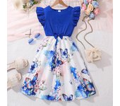 Vestido de moda para niñas, vestido de princesa con estampado de patchwork y manga corta de verano para niños 130cm=8Y azul