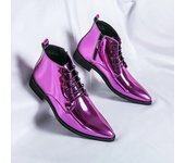 Zapatos de boda de caña alta de color rosa con diseño de moda para hombre, botas Chelsea de cuero brillante para hombre, botas puntiagudas planas con cordones para hombre, talla grande 47 38