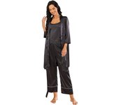 Pijamas de satén para mujer, trajes de dormir de tres piezas, bata de noche, camisa con tirantes, pantalones largos, ropa de descanso para primavera y otoño, camisones negros S negro