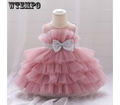 Vestido de verano para bebé de 1 año, rosa, con lazo, para bautizo, princesa, cumpleaños, ropa para bebé niña 2 beige