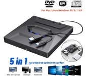 Unidad de CD DVD externa USB 3,0 tipo C lector de tarjetas SD TF reproductor de disco CD DVD ROM portátil lector regrabador para ordenador portátil PC Mac negro