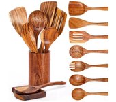 Cucharas de madera para cocinar, utensilios de madera para cocinar con soporte para utensilios, juego de utensilios de cocina de madera de teca