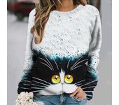 Camiseta de moda callejera para mujer, ropa con estampado de gato lindo, cuello redondo, manga larga, gato femenino con gafas, azul S