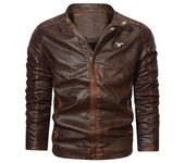 Chaqueta de cuero para hombre con cuello alto desgastado, chaqueta de cuero para motocicleta, chaqueta retro para hombre L marrón oscuro