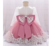 Vestidos de fiesta y boda para niña recién nacida, vestidos de encaje de manga larga con lazo grande, vestido de princesa de primer cumpleaños para niña pequeña 90CM blanco