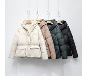 Chaqueta de plumas con capucha de color liso para mujer, gruesa, corta, con bolsillos grandes M beige