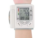 Tensiómetro electrónico de muñeca, tensiómetro, esfigmomanómetro, monitor de presión arterial, medidor digital LCD, tonómetro con brazalete, instrumento de salud.