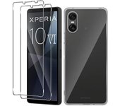 Funda de TPU transparente para Sony Xperia 10 VI + 2 películas de vidrio templado con borde de arco 2.5D