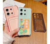 Funda de silicona suave con ranura para tarjeta para Xiaomi 14T 13T Poco F6 X6 X5 Redmi Note 14 13 12 11 10 Pro, protección de lente a prueba de golpes, funda transparente para teléfono móvil Xiaomi 14T color rosa