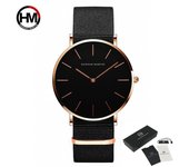 Hannah Martin Relojes de cuarzo para mujer 3ATM impermeable cómodo transpirable reloj deportivo correa para mujeres Milán vino lona roja hombres nylon correa de reloj negro/oro rosa