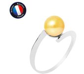 PERLINEA - Anillo Perla Cultivada de Agua Dulce Redonda Auténtica 7-8 mm - Color Oro - Oro Blanco - Joyas Mujer