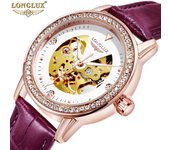 Reloj mecánico automático de piel con esqueleto LONGLUX, resistente al agua y con diamantes