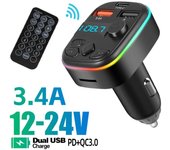 3.4A Puerto USB dual Cargador de automóvil Tipo C PD Carga rápida Transmisor FM inalámbrico Reproductor de MP3 para automóvil Adaptador Bluetooth manos libres con control remoto without Remote control