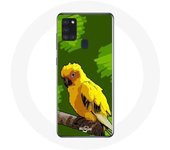 Coque Samsung Galaxy A21S Perruches perroquets Jaune Fond Bleu