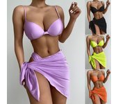 Traje de baño sexy para mujer Color sólido Push Up Bikini de tres piezas Ropa de playa brasileña Trajes de baño S negro