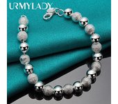 Pulsera de cadena de cuentas de 8 mm, lisa y mate, de plata de ley 925 para mujeres y hombres, joyería de moda para bodas y fiestas 20cm plata