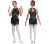 Body de baile de malla transparente con flecos y brillantes para niñas, ideal para presentaciones de patinaje 5-6 Years borgoña