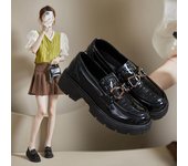 Zapatos de mocasines casuales con tacón grueso y punta redonda con plataforma de cadena para mujer, cómodos, de cuero de PU, para trabajo, elegantes, zapatos casuales de negocios 35 negro