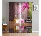 Cortinas transparentes de bambú con flor de piedra de orquídea, cortinas de tul para ventana de salón, dormitorio, cocina, decoración del hogar, cortinas de gasa W135 x H115cm x1&Rod Pocket