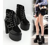 Botas de moto de moda para mujer, tacones de plataforma, zapatos informales con cordones, zapatos de punta redonda, botas de otoño 34 negro