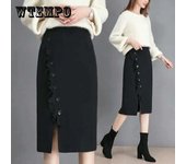 Falda de punto para mujer, falda de otoño e invierno, con suéter, orejas de madera, falda de un solo pecho a la cadera S negro