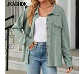 JKASHDK Blusas y camisas con cuello tipo POLO de manga larga con estampado de Color sólido informal a la moda para mujer, chaqueta superior S negro