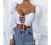 Top corto sin cuello con mangas farol y lazo cruzado de verano para mujer S blanco