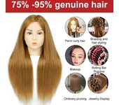 Cabeza de maniquí con cabello real para peluquería, maniquí de entrenamiento para trenzado de cabello, cabeza de muñeca de cosmetología, cabello largo marrón y dorado, maquillaje de peluquería