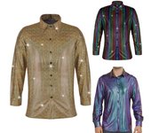 Camisa de rendimiento para hombre, superficie brillante, cuello vuelto, un solo pecho, manga larga, botones, satén, fiesta, discoteca, espectáculo de escenario L