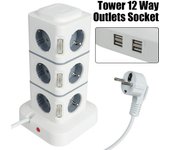 Regleta multitoma vertical de 12 enchufes con enchufe europeo, cable de extensión de 2,8 m, 220 V, 10 A, con 4 USB y protección contra sobrecargas.