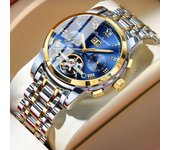 Relojes para hombre Reloj de pulsera mecánico automático de negocios Reloj de correa de acero inoxidable resistente al agua para hombre Calendario esqueleto silver blue