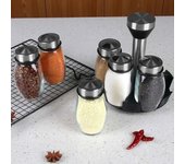 Juego de 7 tarros de especias, organizador de vidrio, soporte giratorio para condimentos, azúcar, pimienta, saleros, estante de almacenamiento de cocina