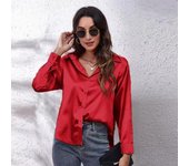 Blusa de satén de primavera y otoño, camisa de manga larga de seda de imitación para mujer, Tops sueltos de talla grande S azul