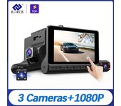 E-ACE Lente de 3 cámaras Pantalla táctil de 4.0 pulgadas Grabadora de video DVR para automóvil FHD 1080P Cámara de tablero automático compatible con cámara de visión trasera y visión nocturna With 8G TF Card negro