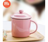 Taza de café esmaltada vintage de 400 ml con tapa, de cerámica, para leche, té pigmentado, para oficina, agua, bebidas.