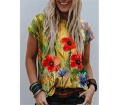 Camiseta con estampado 3D de flores vintage para mujer, camisetas gráficas coloridas, camisetas holgadas de verano Harajuku, camisetas de cuello redondo, mangas cortas S