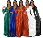 Vestido largo plisado con mangas farol y escote en V para mujer de otoño XL naranja